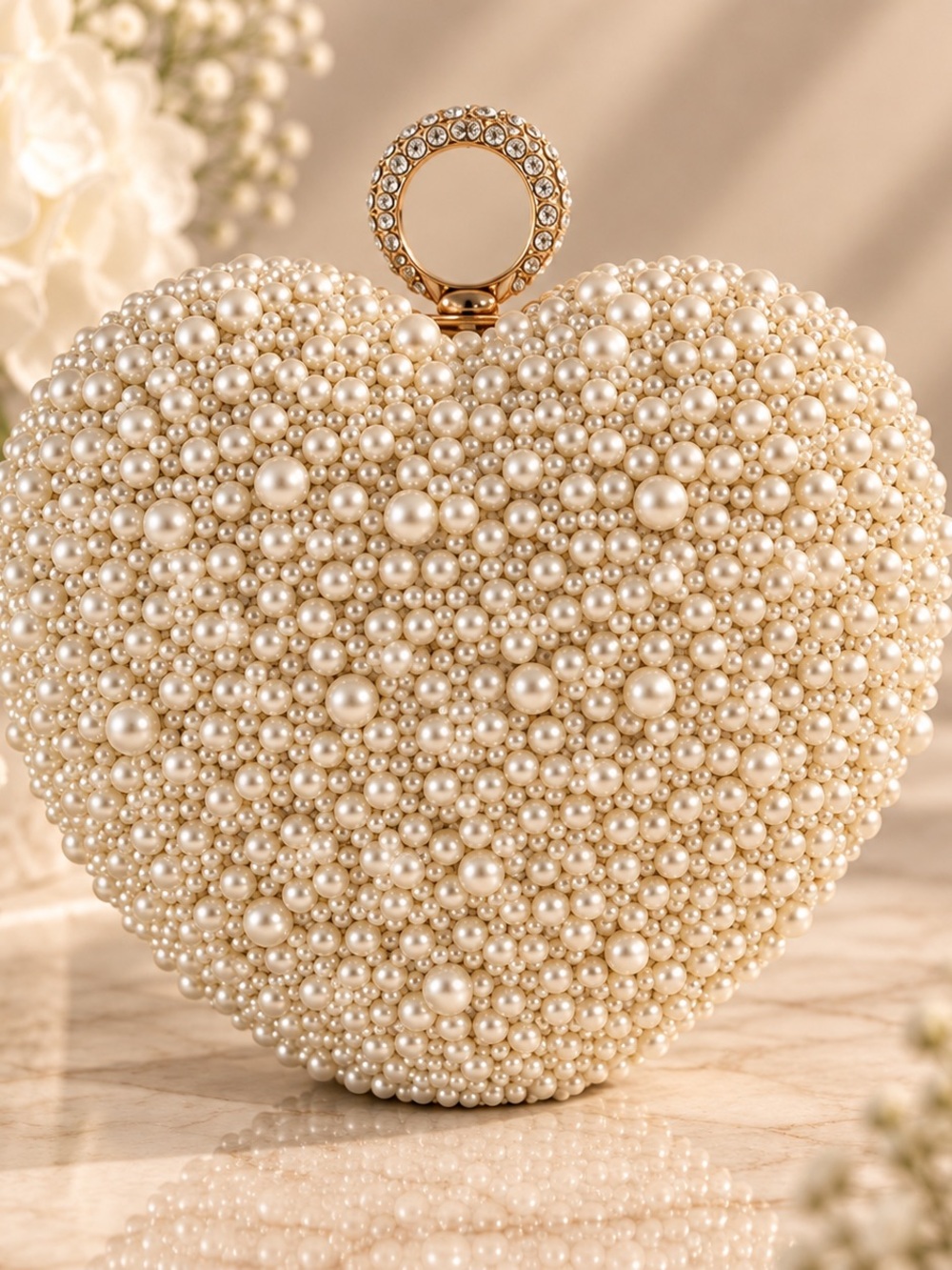 Pearl-Embellished Heart Clutch - Ivory